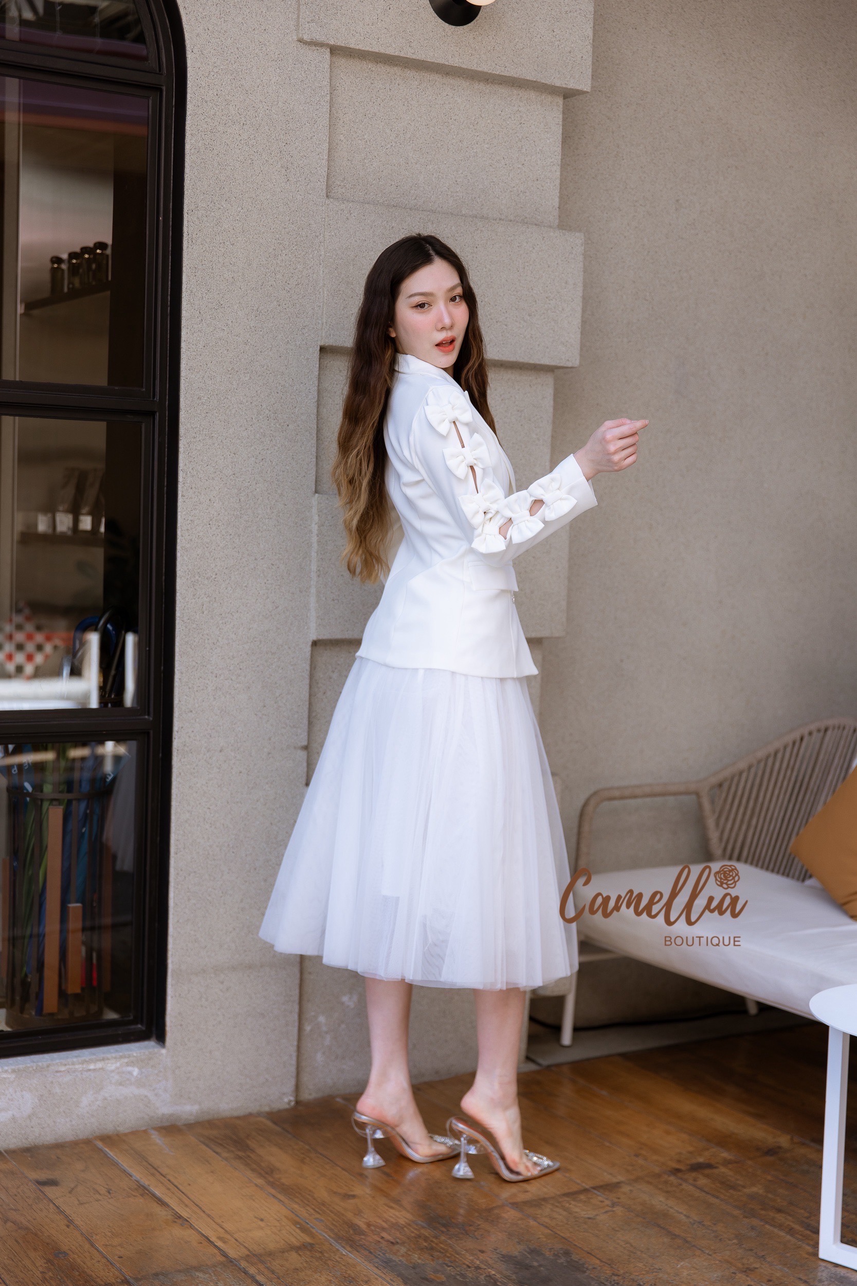 ชุดเซทแฟชั่น ชุดSet เสื้อBlazer แขนโบแต่งกระดุมเพชรด้านหน้า