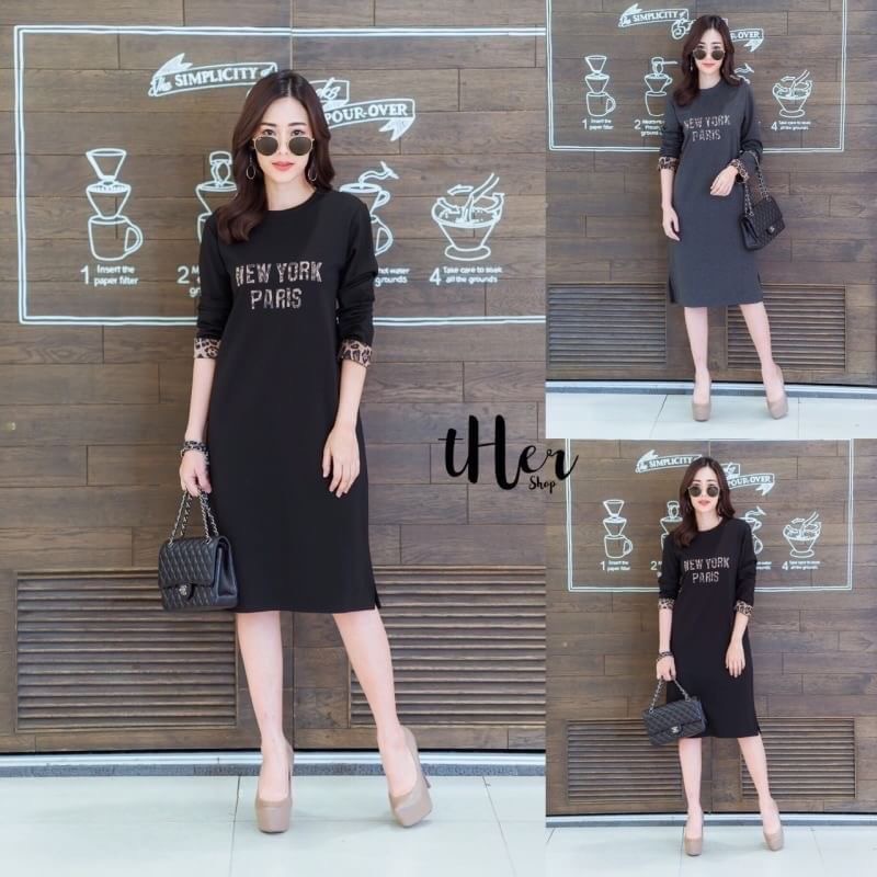 • tHer sHop • มาเพิ่มค่า Long Dress เดรสคอกลมแขนยาวทรงสวย ดีเทลแต่งปลายแขนลายเสือด้านหน้าสกรีนตัวอักษร แต่งกระเป๋าข้าง ใช้เนื้อดี ผ้าหนานิ่มใส่สวย ตัวเดียว ใส่เที่ยวใส่ชิวได้เลยค่ะ