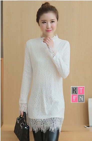 KTFN เดรสแฟชั่นเกาหลี ผ้าลุกไม้ แขนยาว คอปิด ซิปซ่อนด้านหลัง สีขาว