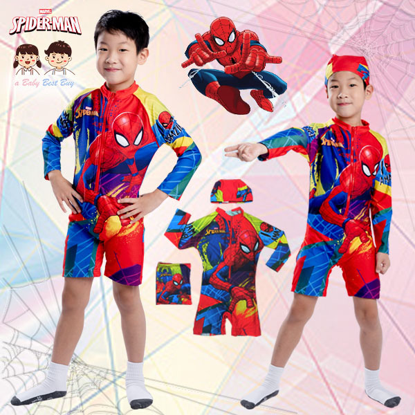 " ชุดว่ายน้ำ เด็กผู้ชาย บอดี้สูทแขนยาว กางเกงขาสั้น Swimsuit for Boys Spider-Man มาพร้อมหมวกว่ายน้ำและถุงผ้า สุดเท่ห์ ใส่สบาย ลิขสิทธิ์แท้