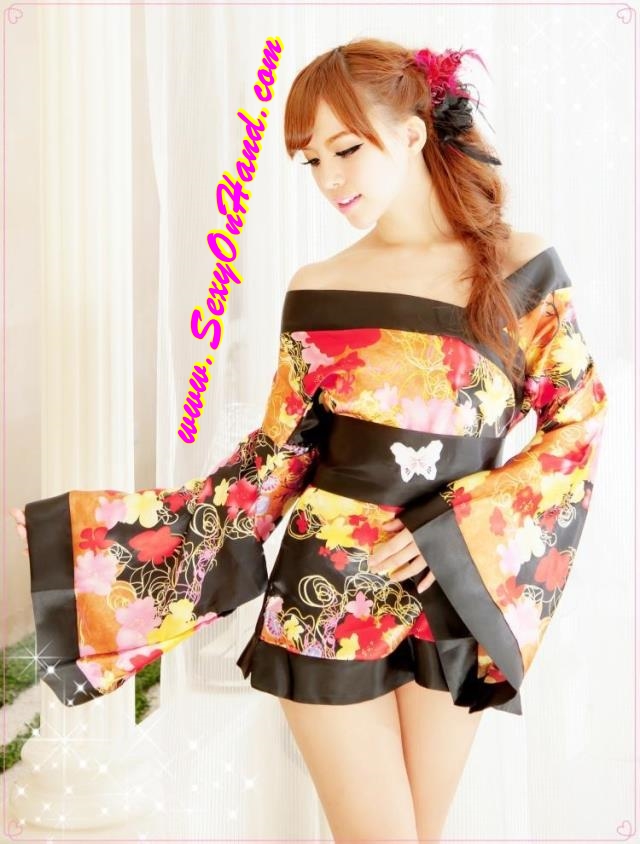ชุดกิโมโน สไตล์นางรำญี่ปุ่น แนวเกอิชา ปลายแขนบาน สีสด โทนดำ-ส้ม สวยเซ็กซี่ เย้ายวน พร้อมจีสตริงเข้าชุดคะ