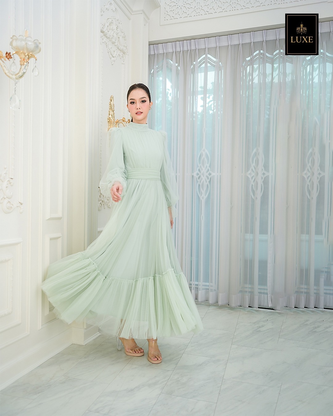 เดรสแฟชั่น แม็กซี่เดรสเสื้อคอปีนแขนยาว กระโปรงบานต่อชายรูดระบายรอบตัว