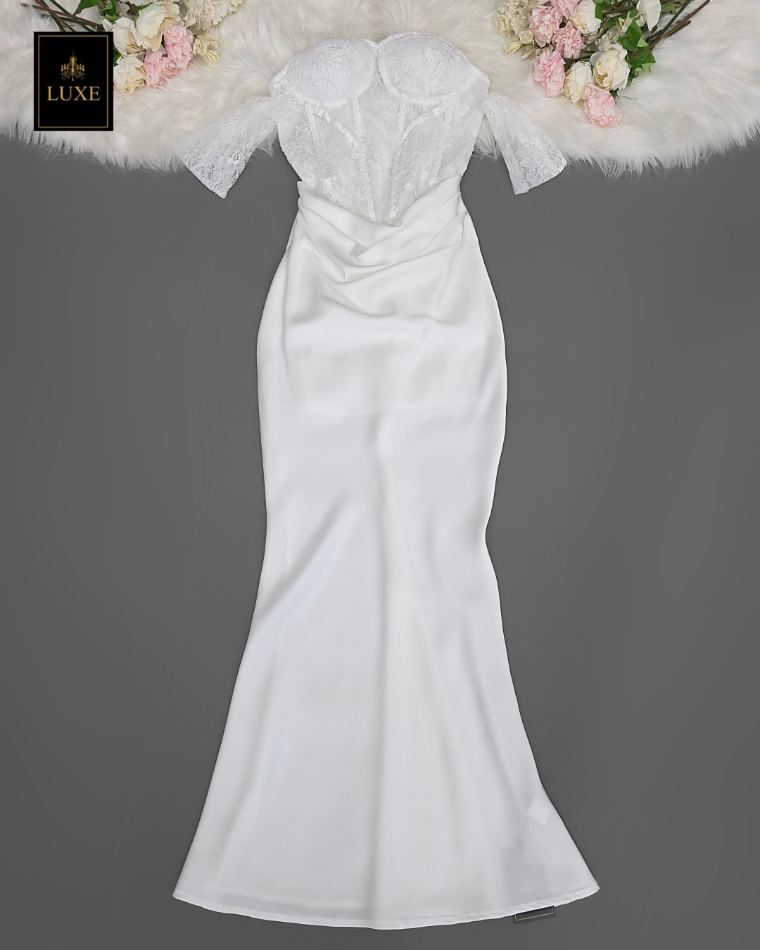 เดรสแฟชั่น เดรสเสื้อเกาะอกผ้าลูกไม้โครเชต์ แต่งผ้าคล้องแขน ผ้านุ่ม ยืดหยุ่นเล็กน้อย