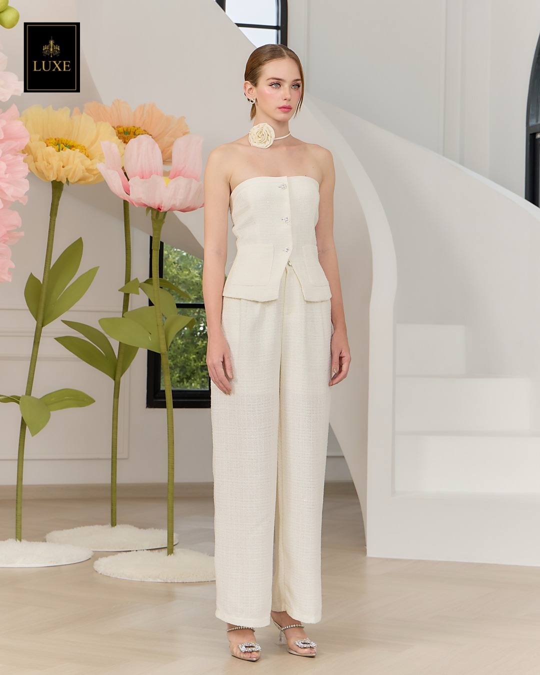 ชุดเซทแฟชั่น เซ็ตเสื้อเกาะอกทรงหลวม+กางเกงเอวสูงขากระบอกกว้าง