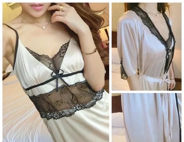 Set ชุดนอน เซ็ทชุดคลุมนอน+ สายเดี่ยวสีแชมเปญ แต่งลูกไม้ดำ