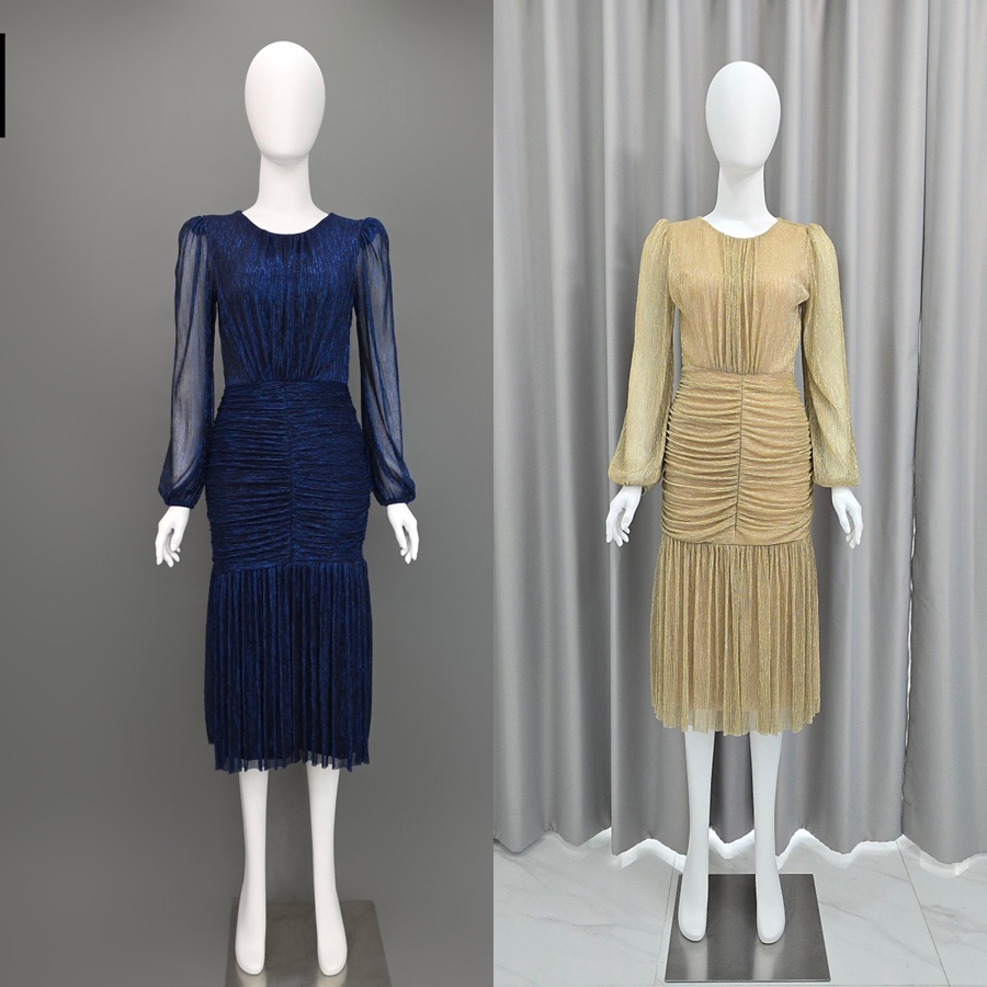 เดรสแฟชั่น เดรสเสื้อคอกลมแขนยาว กระโปรงทรงเข้ารูปจับเดรปตรงกลาง ต่อชายระบาย