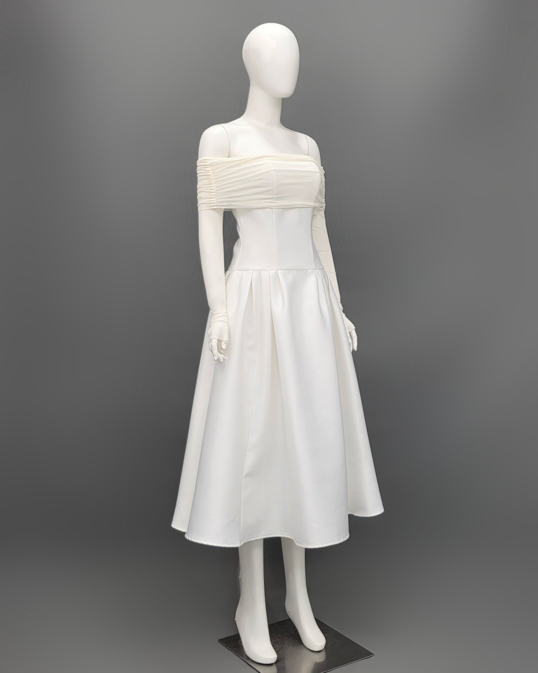 เดรสแฟชั่น เดรสเสื้อแขนยาวเปิดไหล่ กระโปรงยาวคลุมเข่า แขนเสื้อซีทรู