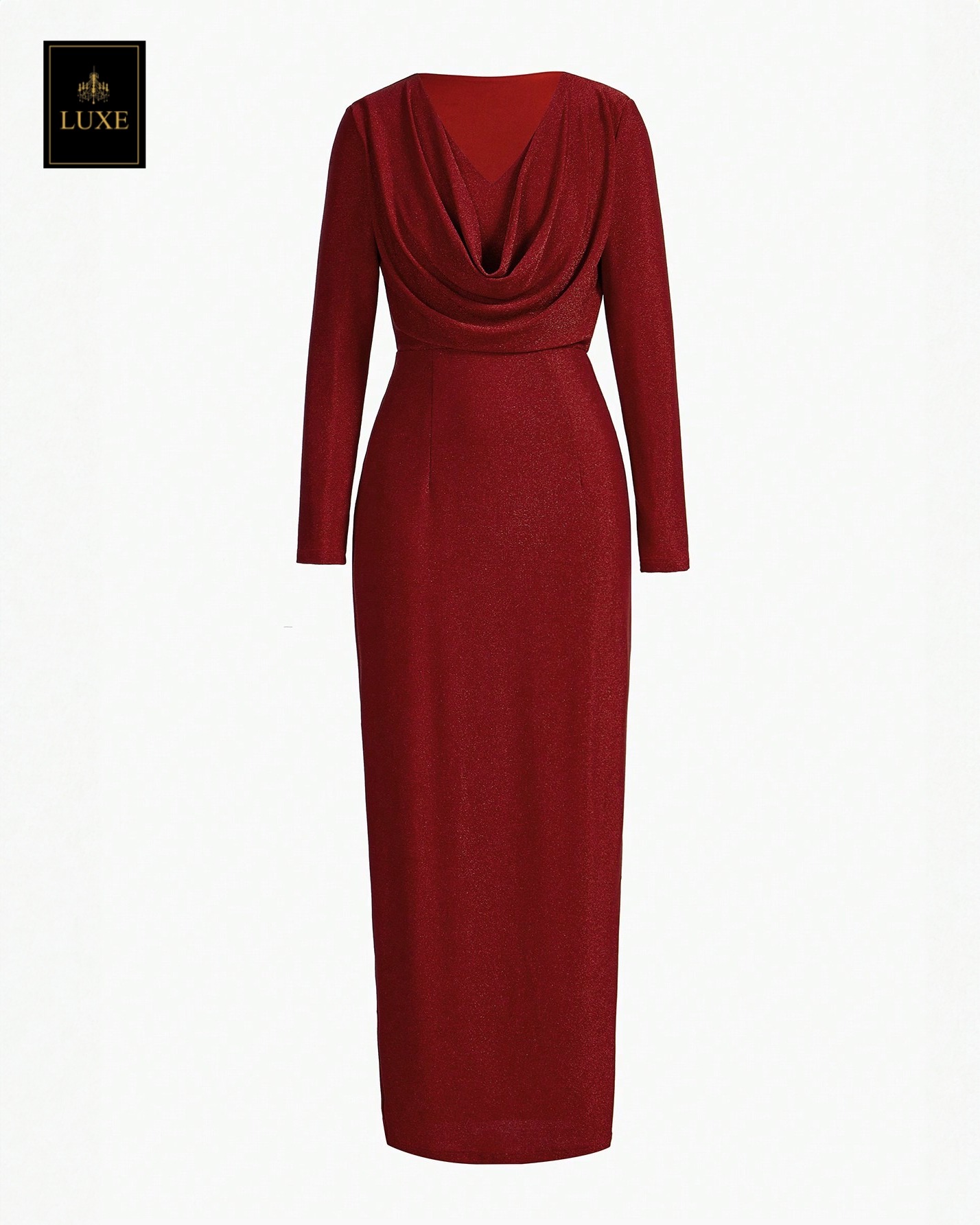 เดรสแฟชั่น แม็กซี่เดรสเสื้อแขนยาวคอวี ดีเทลด้านนอกเป็นคอถ่วง กระโปรงทรงสอบผ่าข้าง