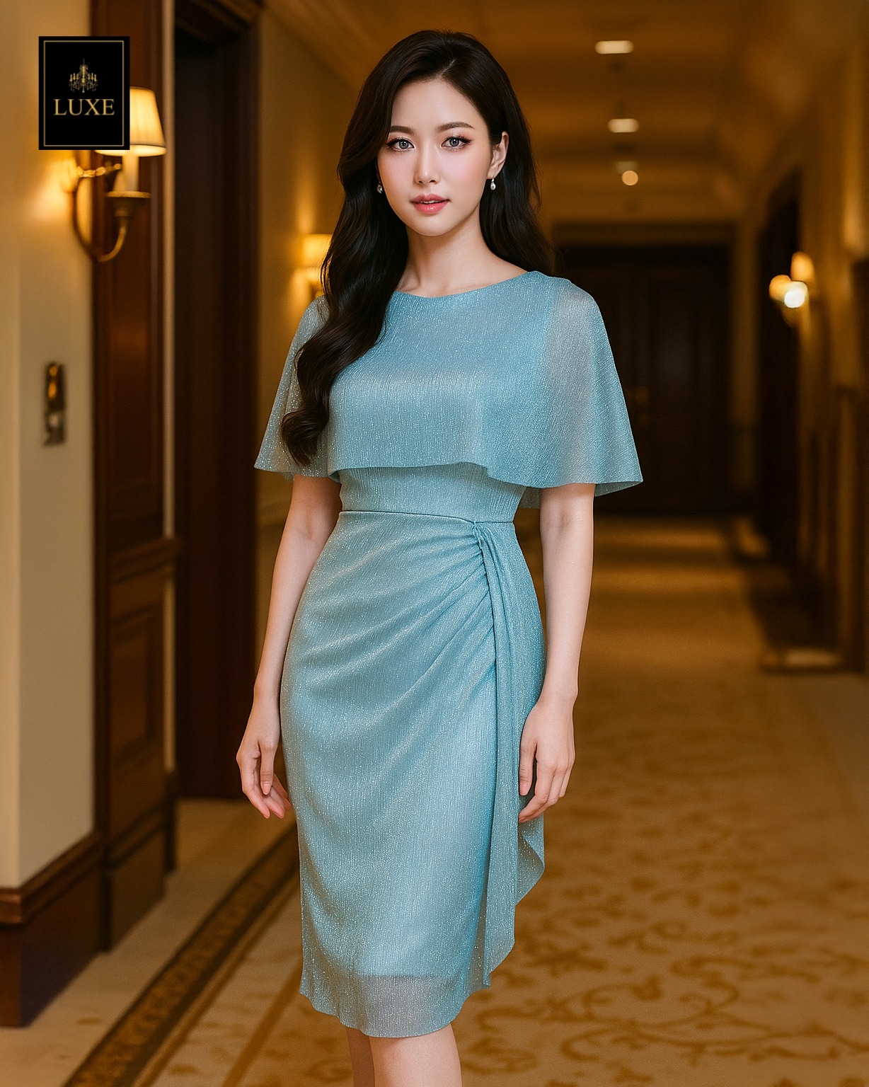 เดรสแฟชั่น เดรสเสื้อคอกลมแขนกุด ดีเทลเป็นเสื้อคลุมไหล่ในตัว