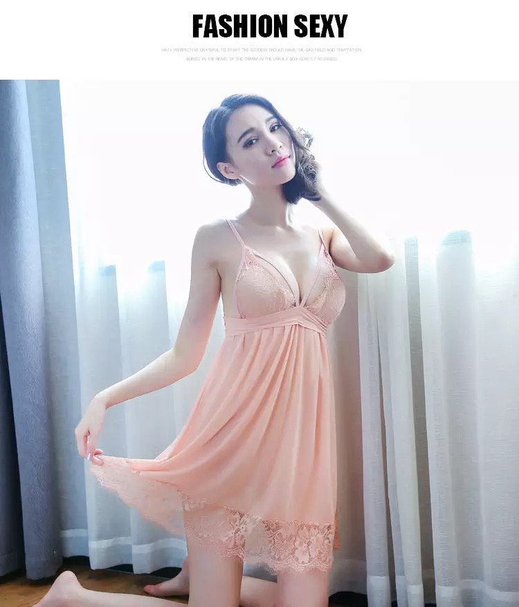 ชุดนอน เดรสซีทรู สีพีช แต่งลูกไม้ซีทรู เนื้อผ้าสวย ทิ้งตัว คุณหนูมากๆคะ