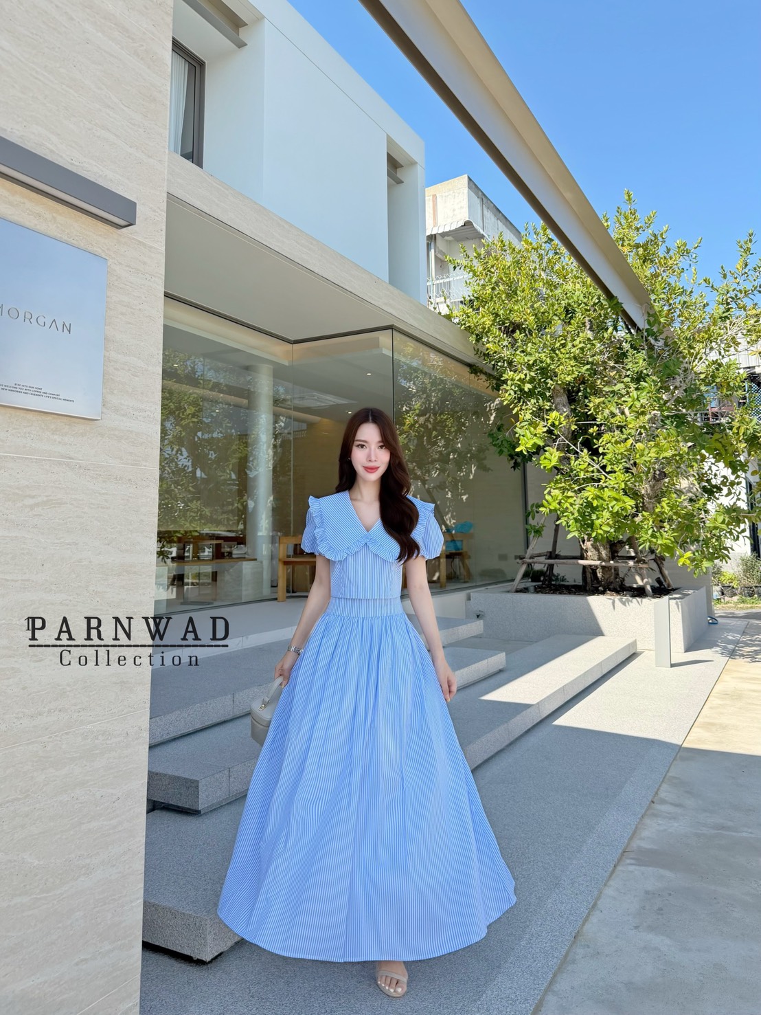 ชุดเซทแฟชั่น Set เสื้อคอปกแขนตุ๊กตาซิปหลัง มาพร้อมกับกระโปรงเอวสูงจับจีบ