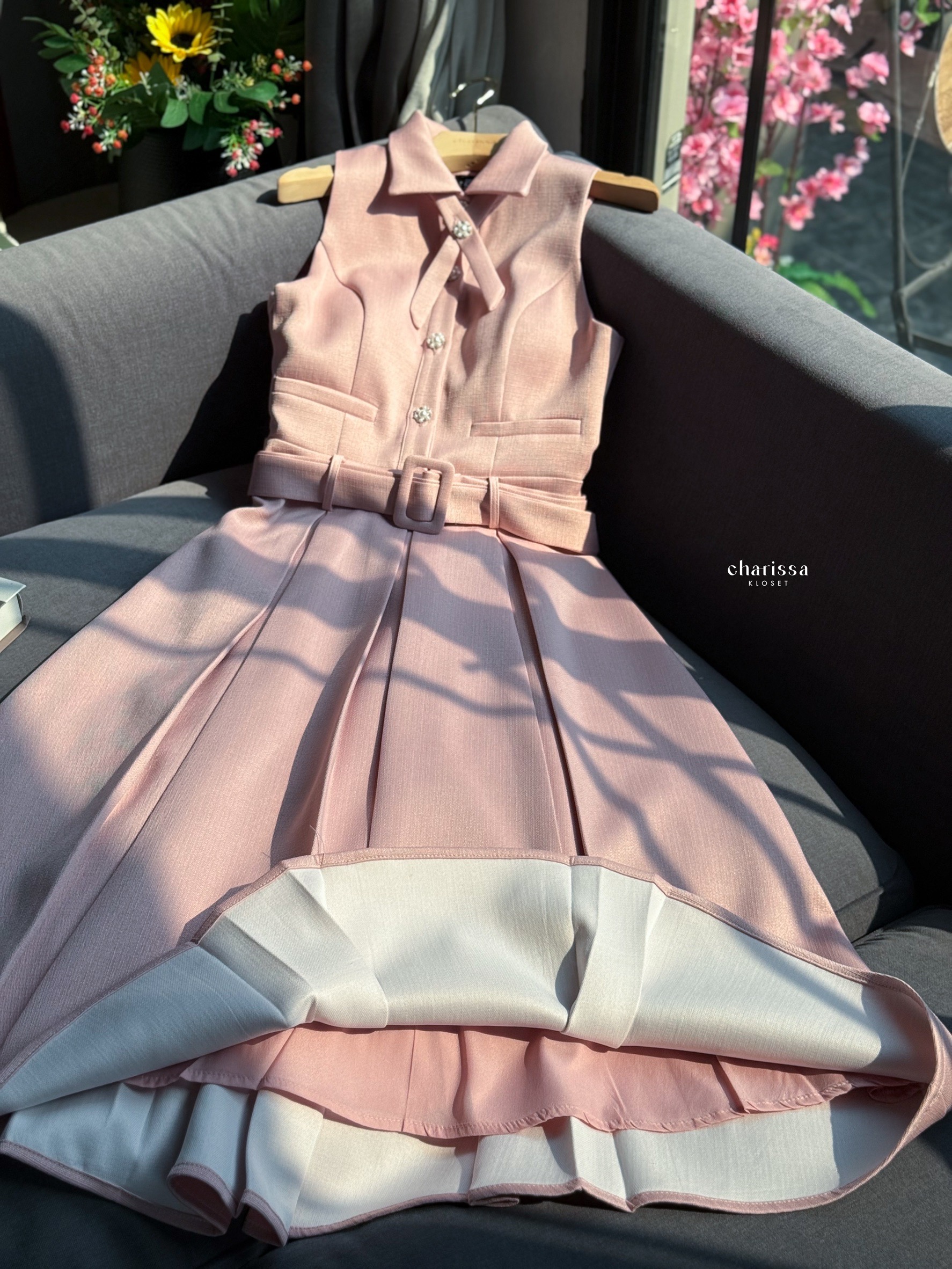 เดรสแฟชั่น เดรสผ้าพรีเมี่ยม มาพร้อมเข็มขัดและโชเกอร์