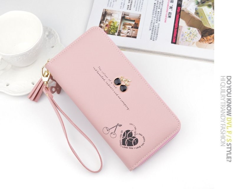 Purse Bags Wallet For Women Ladies Bag Long Pocket Leather กระเป๋าสตางค์ใบยาวแบบซิปรอบ CHERRY มีสายคล้องมือ