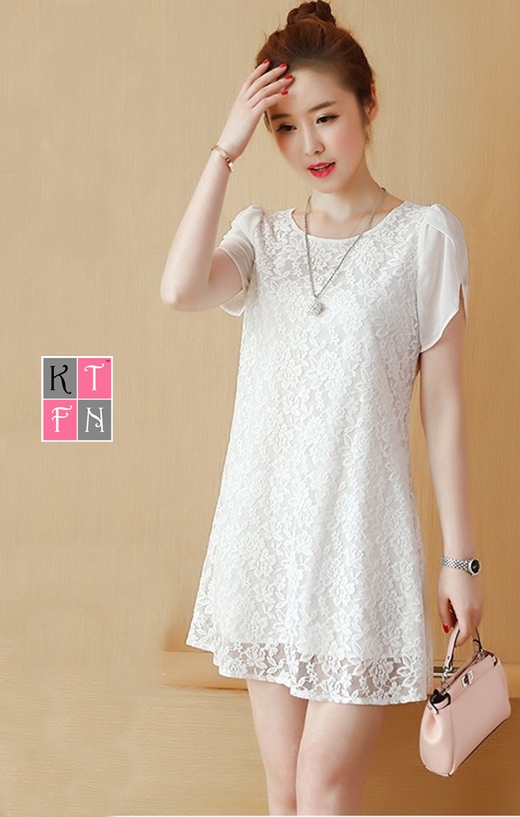 KTFN เดรสแฟชั่นเกาหลี ทรงเอ แขนกลีบบัว ผ้าลูกไม้ทั้งตัว มีซับใน สีขาว