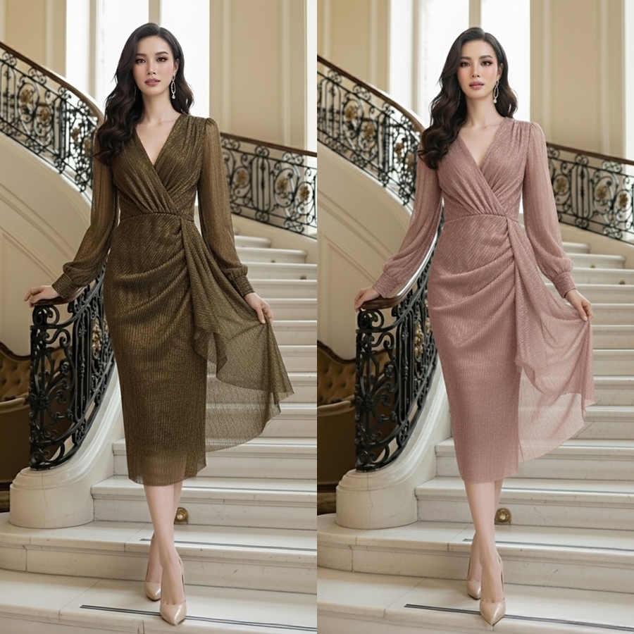 เดรสแฟชั่น เดรสเสื้อคอวีป้ายแขนยาว กระโปรงทรงสอบจับเดรปข้างลำตัว