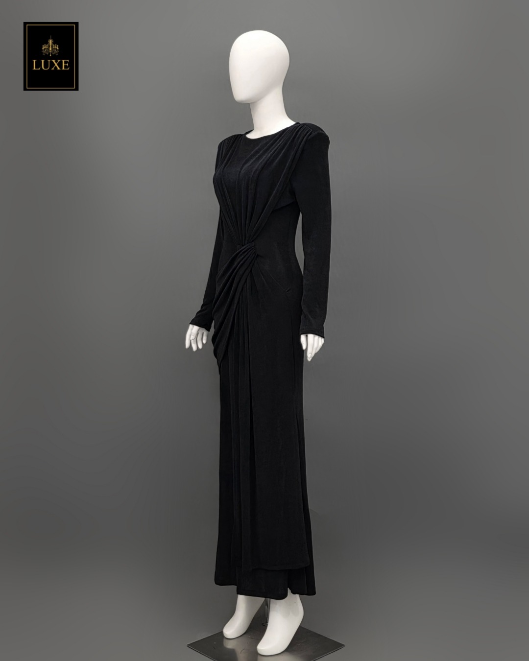 เดรสแฟชั่น แม็กซี่เดรสเสื้อคอกลมแขนยาว เสริมไหล่ กระโปรงยาวคลุมข้อเท้า