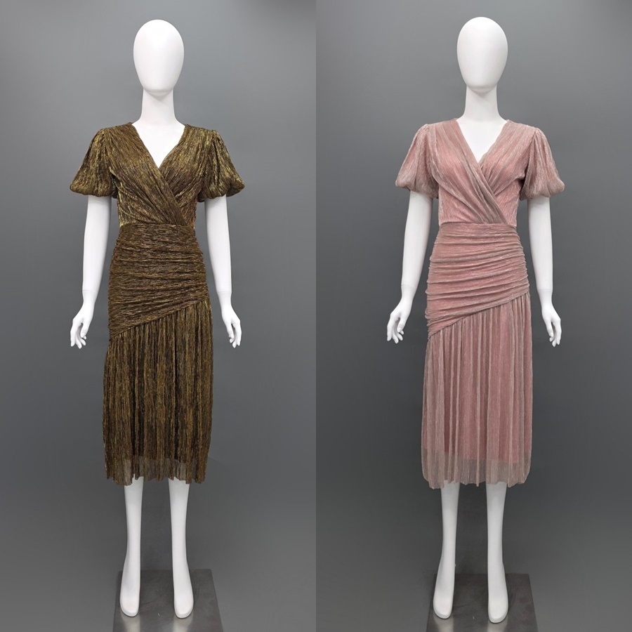 เดรสแฟชั่น เดรสเสื้อคอป้าย แขนบอลลูน กระโปรงเฉลียงทรงเข้ารูป ต่อจีบรูด