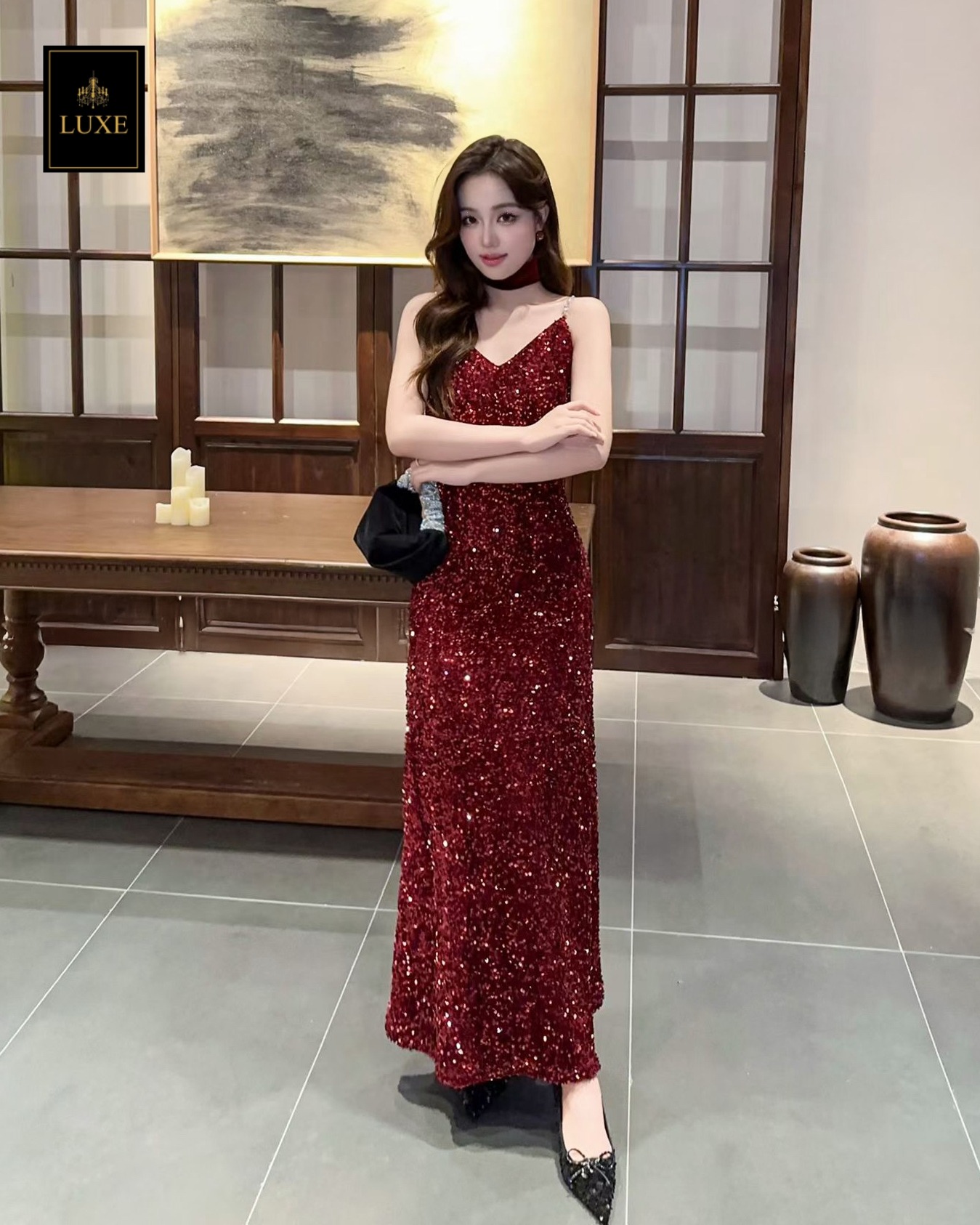 เดรสแฟชั่น เดรสเสื้อสายเดี่ยว กระโปรงยาวทางเอ