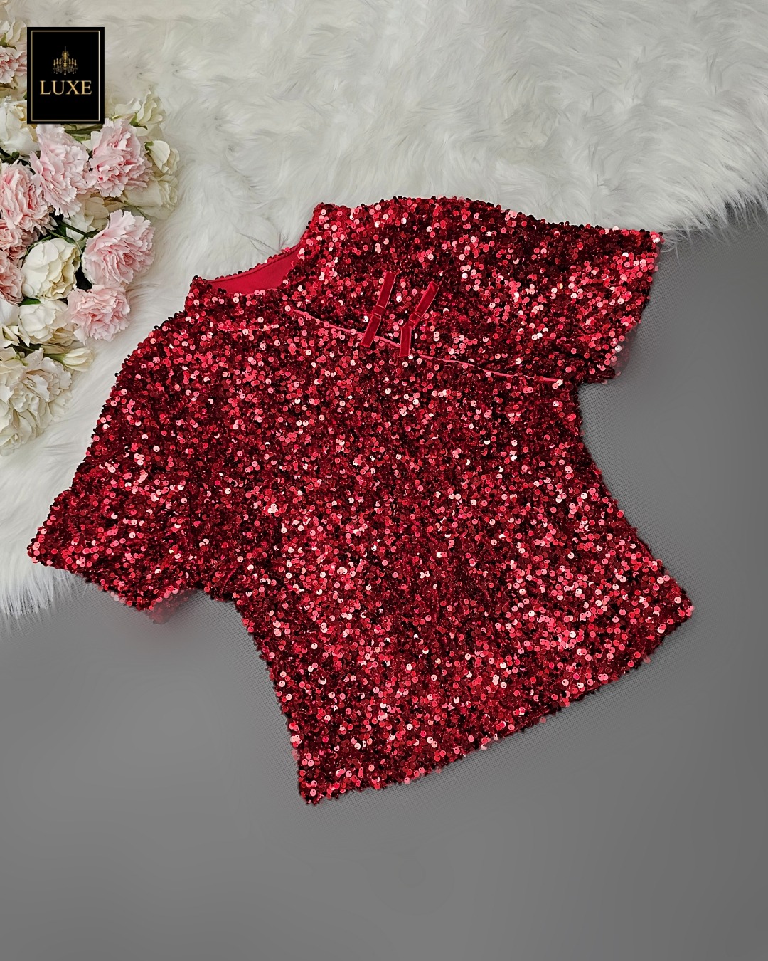 เสื้อแฟชั่น เสื้อกี่เพ้าแขนสั้น ผ้ากำมะหยี่ปักเลื่อมวิบวับ เนื้อนุ่มยืดหยุ่น มีซับในเต็มตัว