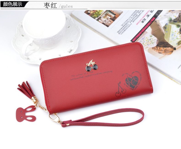 Purse Bags Wallet For Women Ladies Bag Long Pocket Leather กระเป๋าสตางค์ใบยาวแบบซิปรอบ CHERRY มีสายคล้องมือ