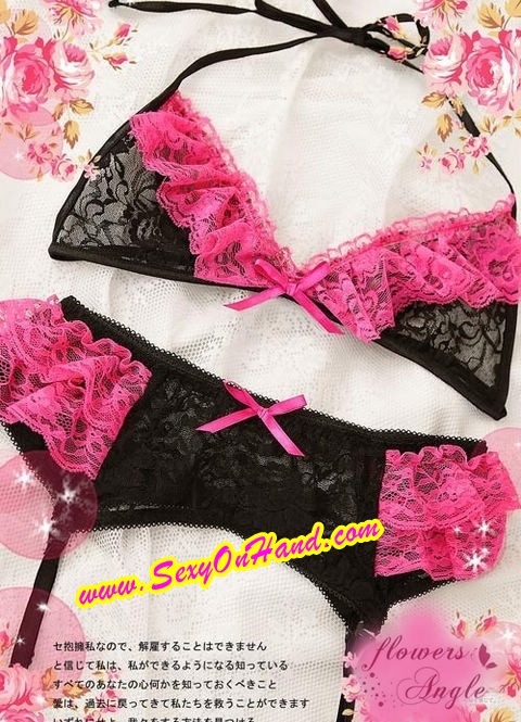 บิกินี่ แต่งลูกไม้ สีดำชมพูสด bikini set แต่งลูกไม้ซีทรู +สายรัดถุงน่อง+ถุงน่องตาข่ายเข้าชุด สวยเซ็กซี่มากๆคะ