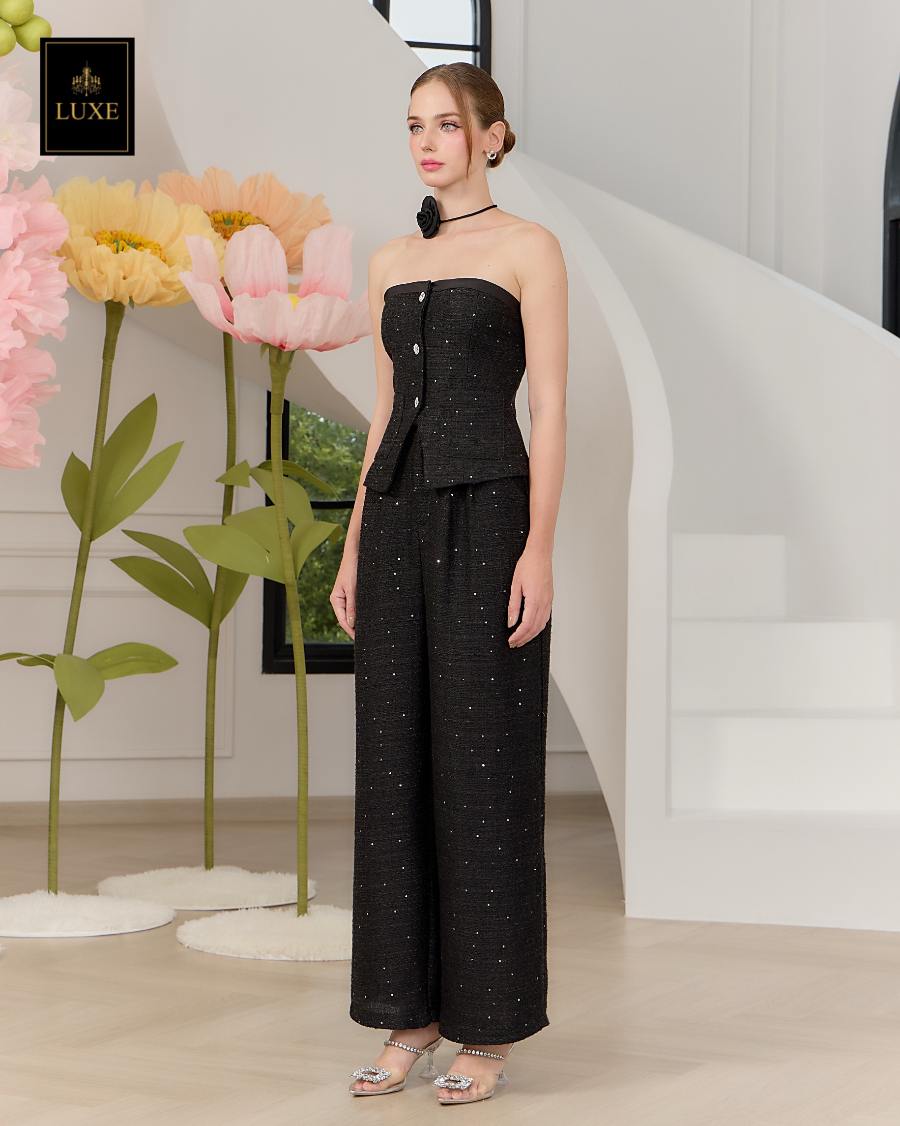 ชุดเซทแฟชั่น เซ็ตเสื้อเกาะอกทรงหลวม+กางเกงเอวสูงขากระบอกกว้าง