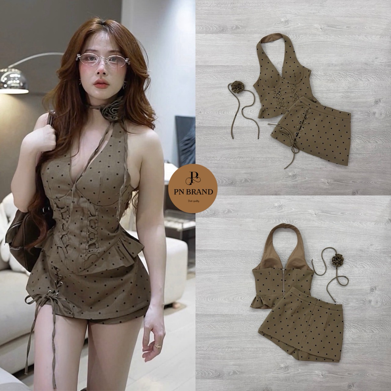 ชุดเซทแฟชั่น เซต 2 ชิ้น (เสื้อคล้องคอมีโชคเกอร์ + กระโปรงกางเกง) ชุดโทนสีน้ำตาลมะฮอกกานี