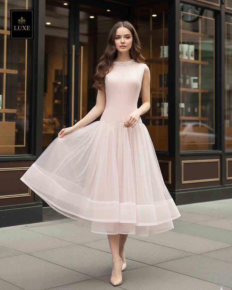 เดรสแฟชั่น เดรสเสื้อคอกลมแขนกุด กระโปรงบาน แต่งลูกปัดมุกรอบคอเสื้อ