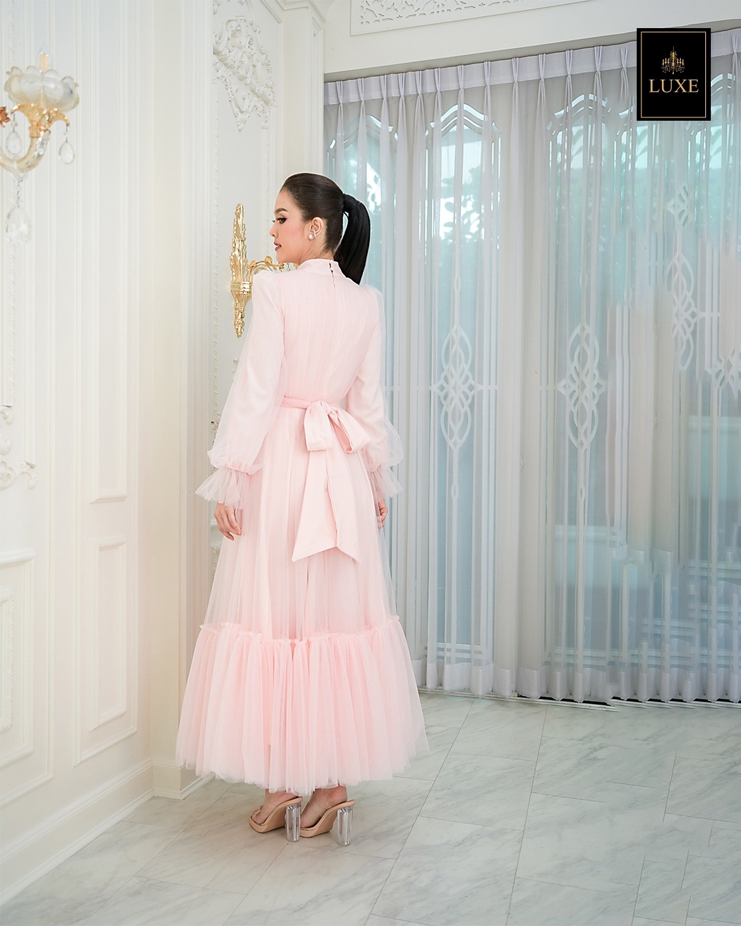 เดรสแฟชั่น แม็กซี่เดรสเสื้อคอปีนแขนยาว กระโปรงบานต่อชายรูดระบายรอบตัว