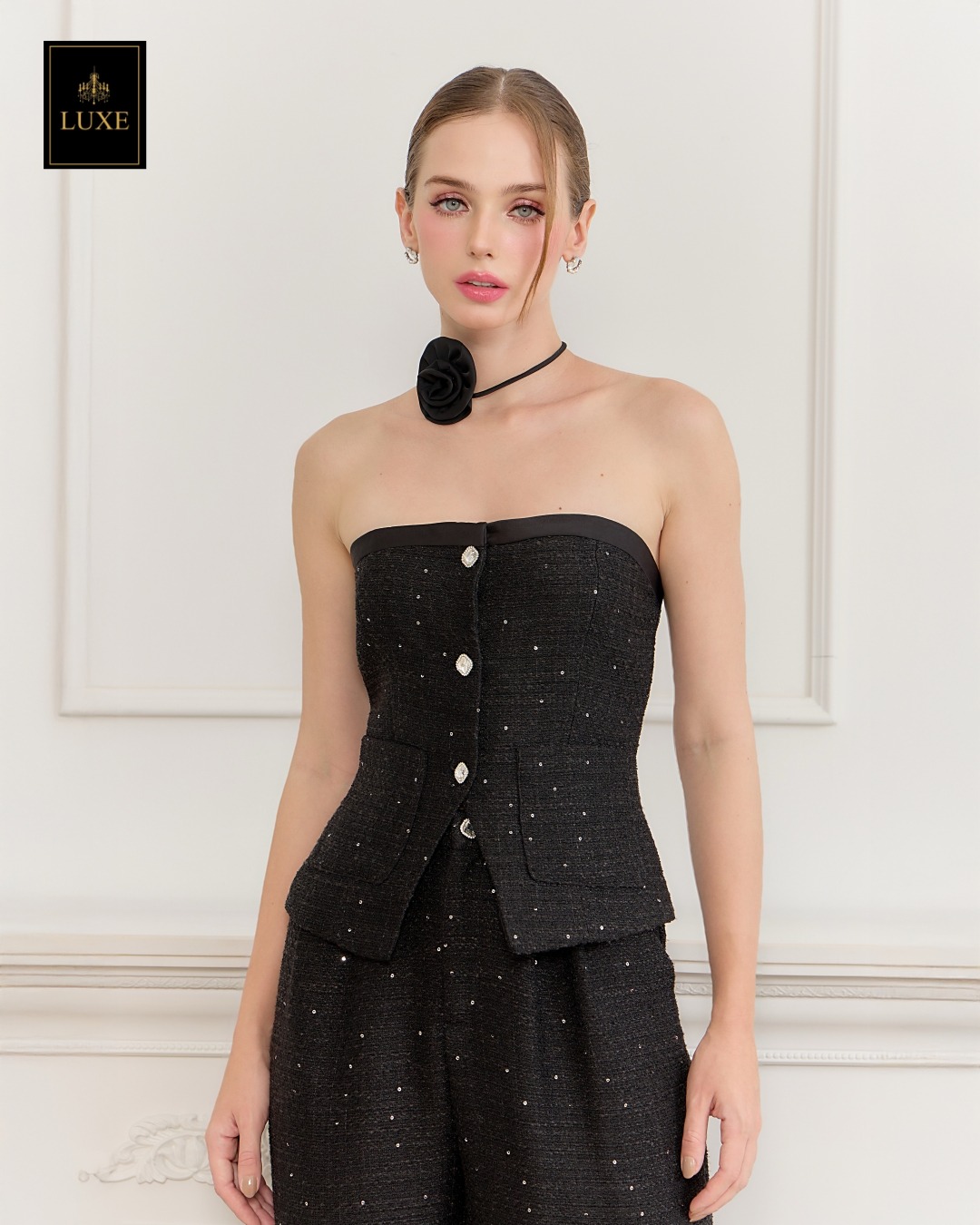 ชุดเซทแฟชั่น เซ็ตเสื้อเกาะอกทรงหลวม+กางเกงเอวสูงขากระบอกกว้าง