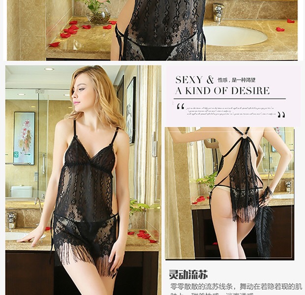 ชุดนอน เซ็กซี่ ชุดนอน วาบหวิว ชุด นอนแต่งเชือก พู่ระย้า สีดำ แต่งลายในตัว แบบเปิดหลัง แบบเซ็กซี่ เข็ดฟันอย่างบอกใครเลยคะ +G-string เข้าชุดคะ