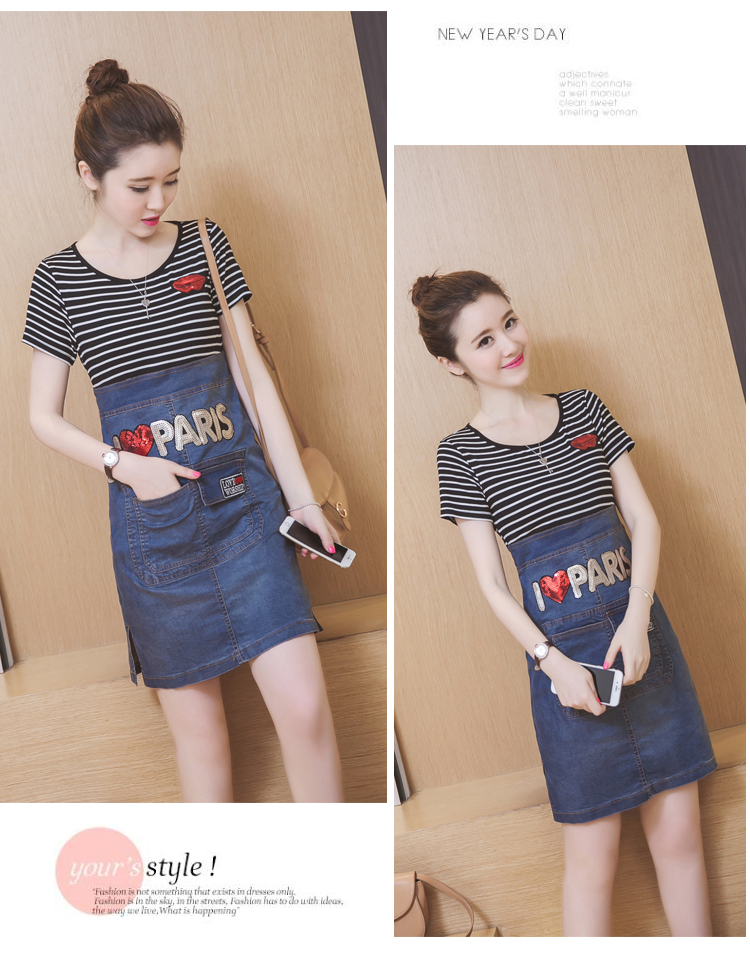 ชุดเดรสยีนส์ เสื้อลายริ้วสีดำ ด้านล่างตัดต่อกระโปรงยีนส์ น่ารักสุดๆ