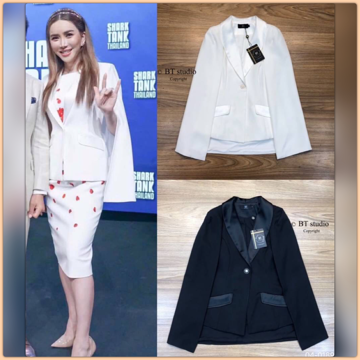 DETAIL : ชุดเสื้อสูทดีเทลด้านในแต่งแขนกุด ติดกระดุมลายดอกไม้สีขาวติดเพชร แต่งแขนคล้ายเสื้อคลุมปลายแขนผ่า สวย หรู แมทซ์กับอะไรก้ปังจ้าา