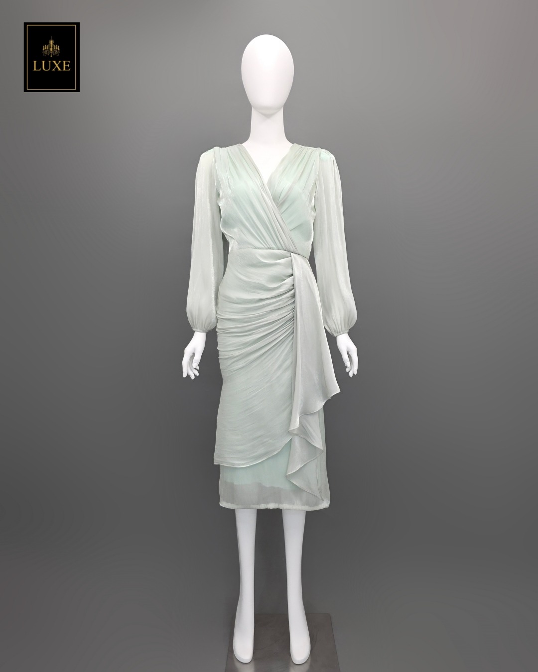 เดรสแฟชั่น เดรสเสื้อคอวีป้าย แขนยาว กระโปรงป้ายจับเดรป แต่งชายระบาย