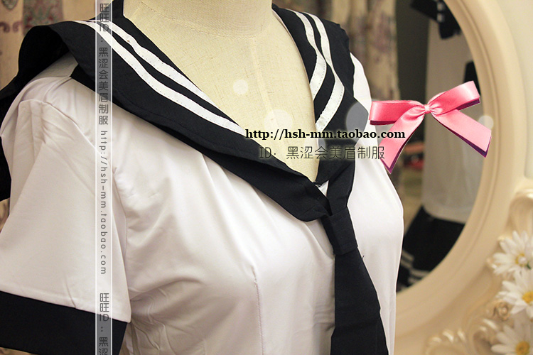 ชุดแฟนซี ชุดคอสเพลย์ ชุดนักเรียนญี่ปุ่น คอปกทหารเรือสีน้ำเงิน แต่งขลิบขาว กระโปรงน้ำเงินกรมท่าอัดจีบรอบ แต่งแถบริบบิ้นขาว พร้อมเน็คไท เข้าชุด