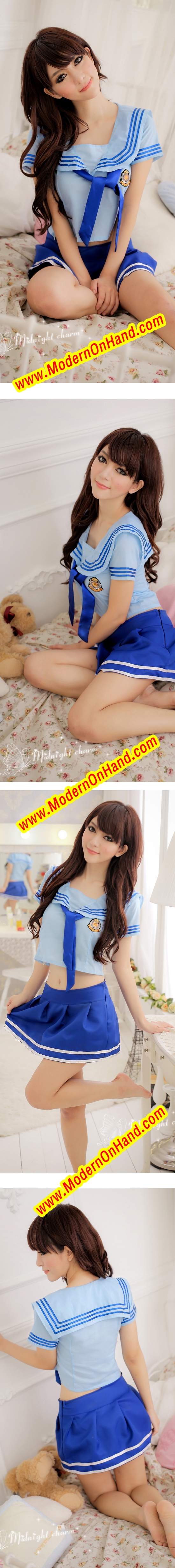 ชุดคอสเพลย์ นักเรียนญี่ปุ่น สีฟ้า ปกทหารเรือ แต่งขลิบสีน้ำเงิน กระโปรง อัดจีบ สีน้ำเงินสด แบบน่ารักคิกขุ ใสๆ คะ