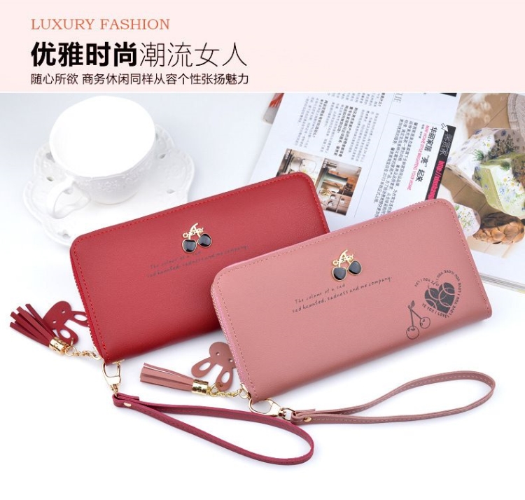 Purse Bags Wallet For Women Ladies Bag Long Pocket Leather กระเป๋าสตางค์ใบยาวแบบซิปรอบ CHERRY มีสายคล้องมือ