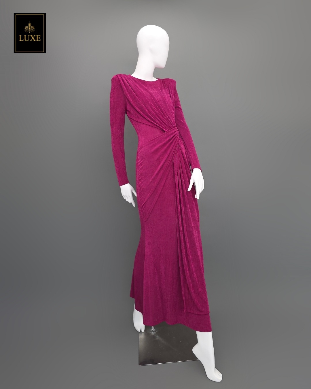 เดรสแฟชั่น แม็กซี่เดรสเสื้อคอกลมแขนยาว เสริมไหล่ กระโปรงยาวคลุมข้อเท้า