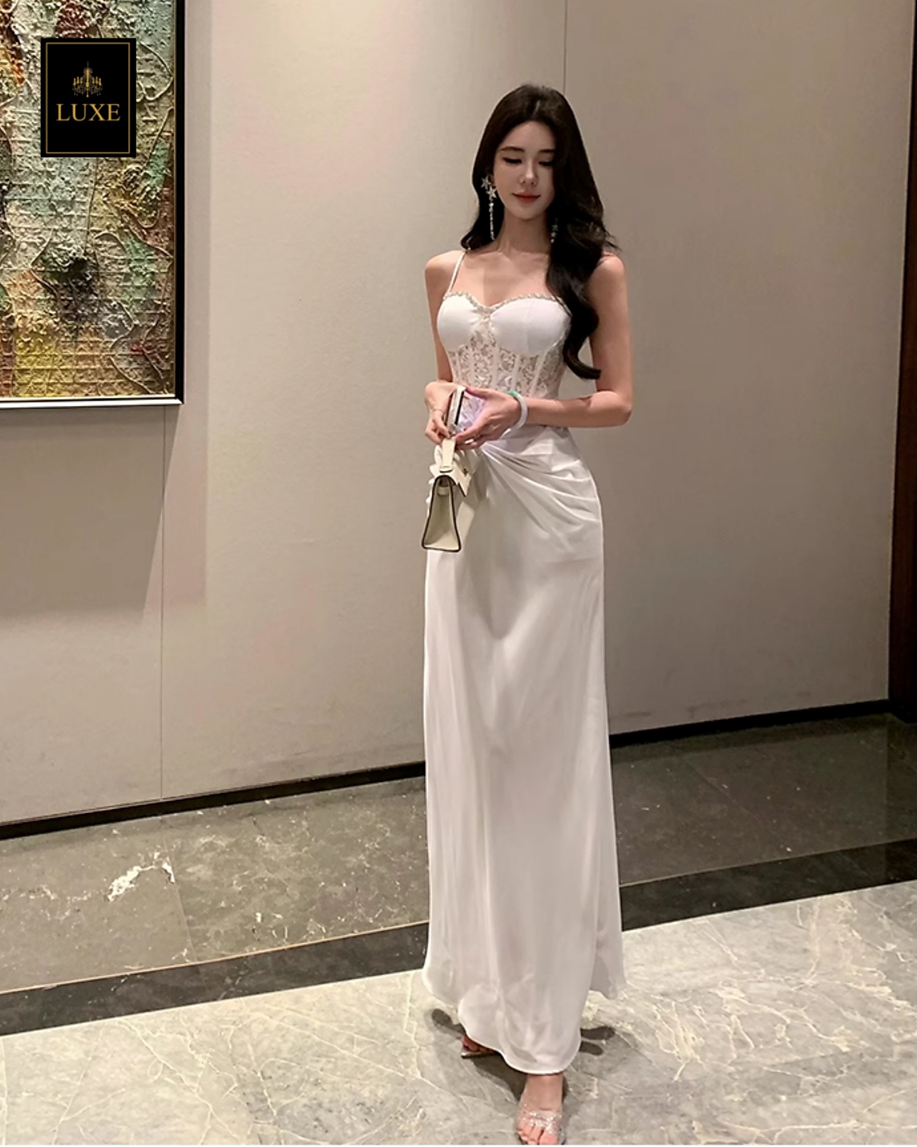 เดรสแฟชั่น แม็กซี่เดรสเสื้อสายเดี่ยว มีโครงสไตล์คอร์เซ็ต กระโปรงจับเดรป