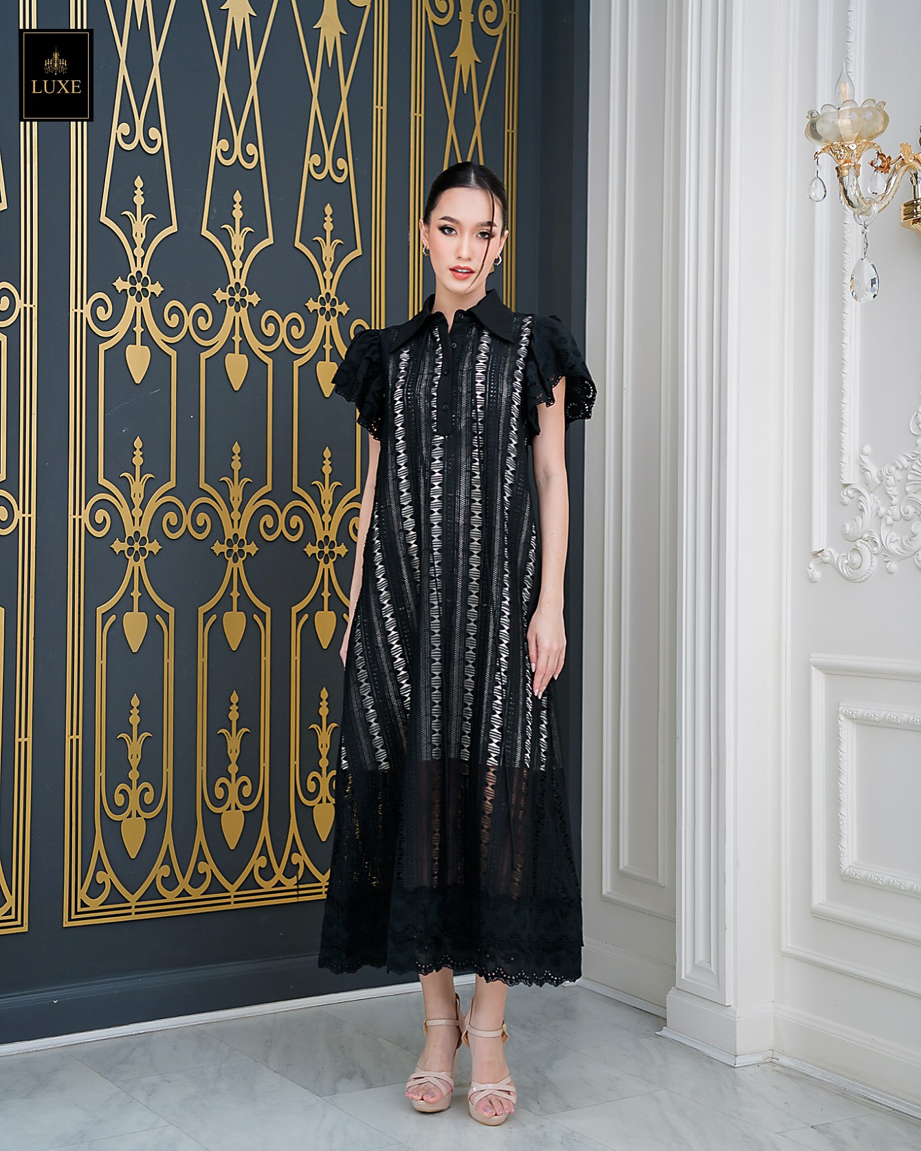 เดรสแฟชั่น เดรสเสื้อคอปกแขนระบาย กระโปรงทรงเอ แพทเทิร์นตัวหลวมใส่สบาย