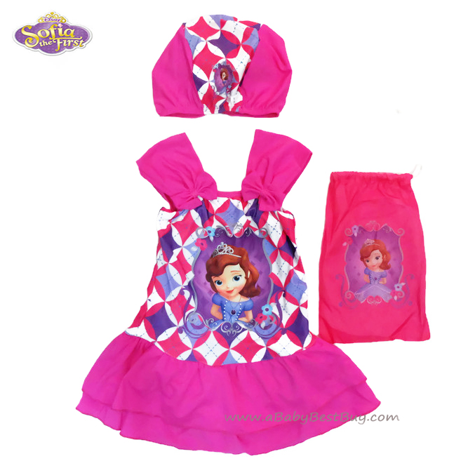 ฮ Size M - ชุดว่ายน้ำเด็กผู้หญิง Sofia the First บอดี้สูท สีชมพู เสื้อสายเดี่ยวกระโปรงติดกัน สกรีนลาย เจ้าหญิงโซเฟีย มาพร้อมหมวกว่ายน้ำและถุงผ้า ชุดว่ายน้ำเด็กผู้หญิง เจ้าหญิงโซเฟีย ดิสนีย์แท้