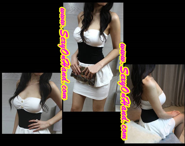 ชุดปาร์ตี้ ชุดเที่ยว ชุดงานกลางคืน แฟนซี ชุดเดรสเกาะอก สีขาว เนื้อผ้ายืดSpandex อย่างดี แต่งคาดสีดำช่วงเอว เน้นทรวดทรง +G-string เข้าชุดคะ