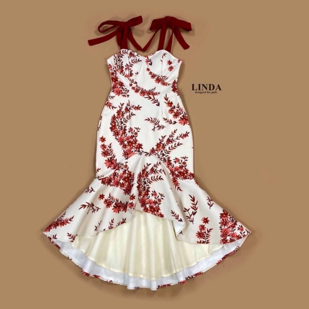 ป้าย LINDA เดรสหางปลา พร้อมส่ง เดรสผ้าพิมพ์ลายดอกไม้สีแดง สายเป็นสีแดง กระโปรงหางปลาระบายสวยมาก