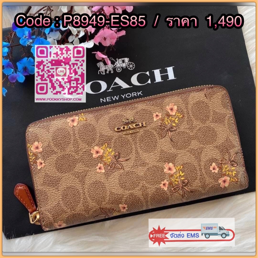 Coach Accordion Zip Wallet In Signature Canvas With Floral Bow Print