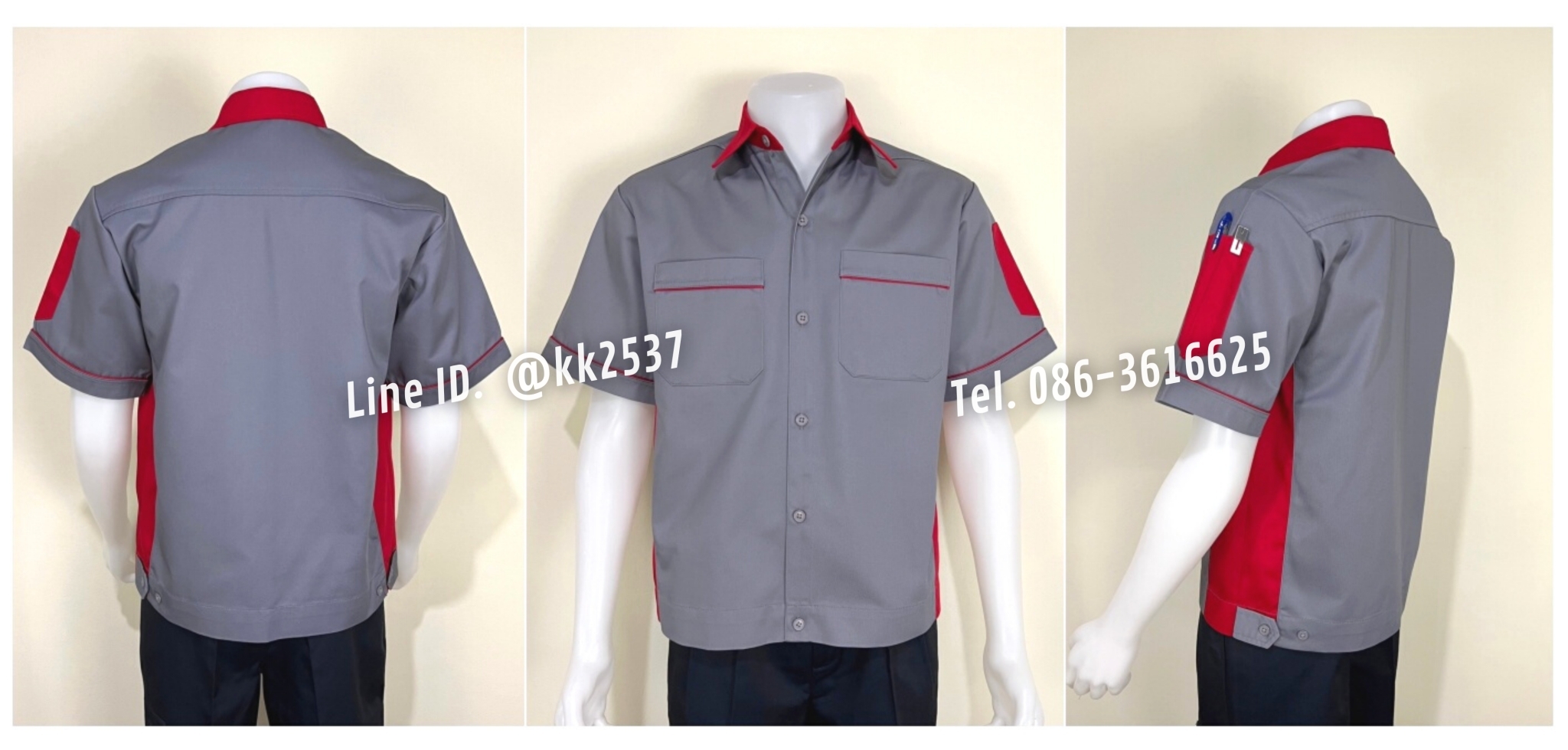 รหัส A 210 เสื้อช่างแขนสั้นแบบเทาข้างแดง(สั่งตัด)