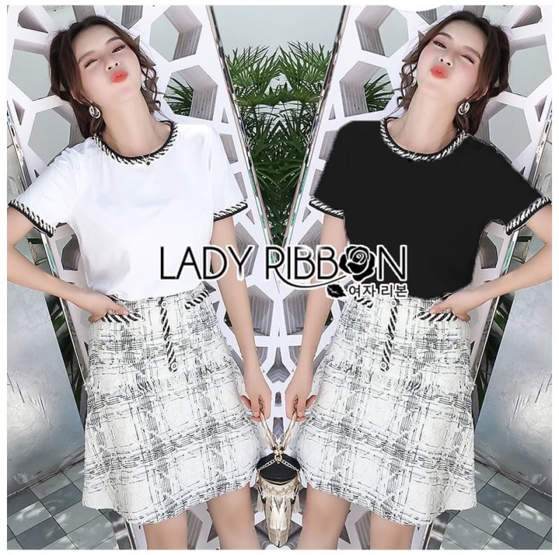 Lady Ribbon's Made Lady Hannah Basic with a Twist T-Shirt and Tweed Skirt Set เซ็ตเสื้อยืดเรียบๆและกระโปรง ลุคนี้ใส่แล้วเหมือนสาวปารีสเลยค่า น่ารักสุดๆ เสื้อยืดเหมือนจะธรรมดาแต่มีดีเทลเก๋ๆที่เข้ากับกระโปรงที่คอเสื้อและชายแขนเสื้อ กระโปรงเป็นทรงเอวสูง