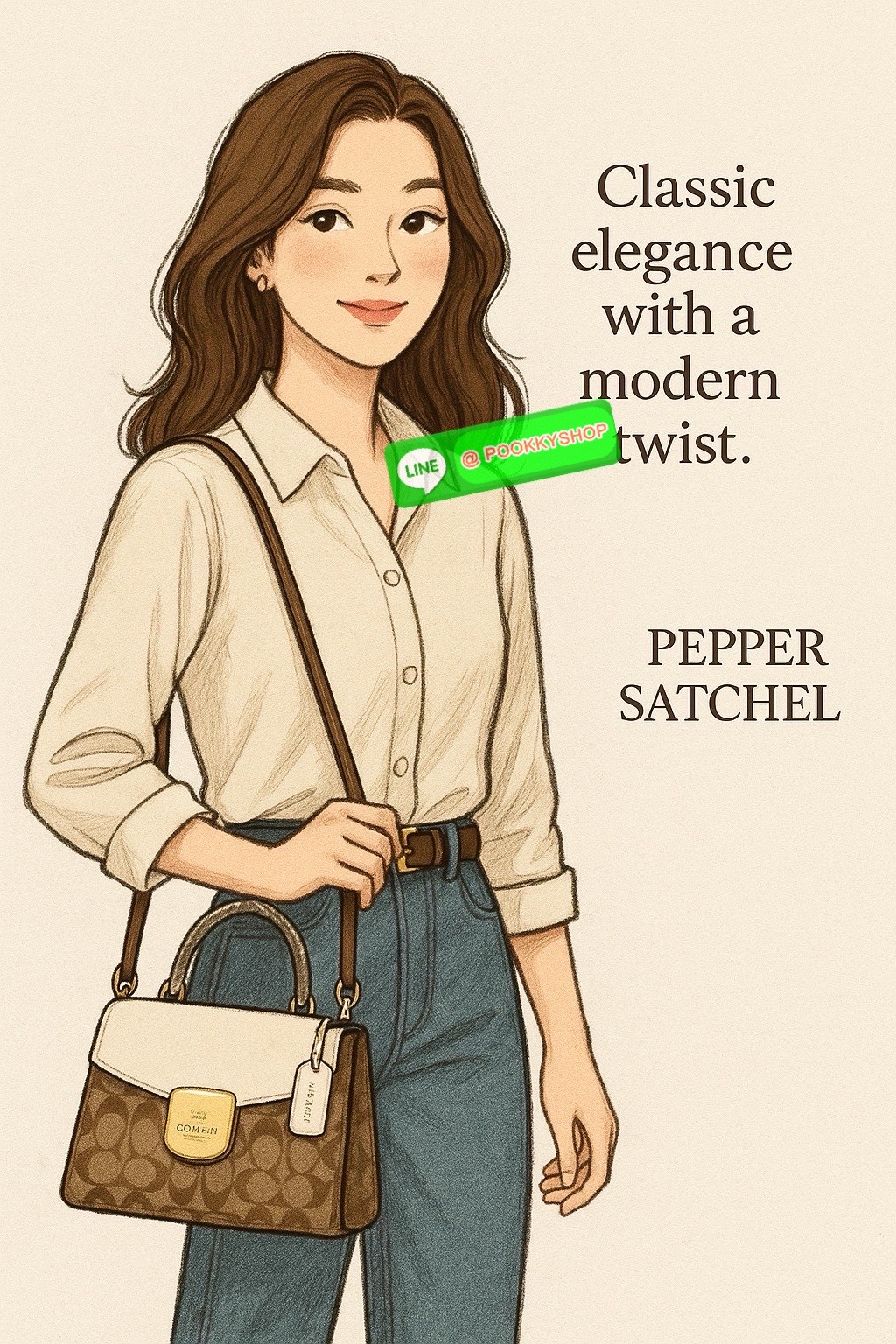 “Classic elegance with a modern twist.” Coach Pepper Satchel – กระเป๋าทรง Satchel ที่ผสานความคลาสสิกและความทันสมัยได้อย่างลงตัว วัสดุคุณภาพเยี่ยม ผสมผสานระหว่างหนังและผ้าแคนวาสลายซิกเนเจอร์ของ Coach เหมาะสำหรับวันทำงานหรือวันพักผ่อน เพิ่มความหรูหราให้กับท
