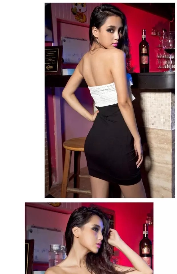 ชุดเดรสสั้น เดรสปาร์ตี้ เดรสออกงาน กลางคืน เดรสเกาะอกสีดำ แต่งระบายชีฟองขาว เนื้อผ้ายืดเข้ารูป สวยเปรี่้ยวมั่กๆคร่า +G-string