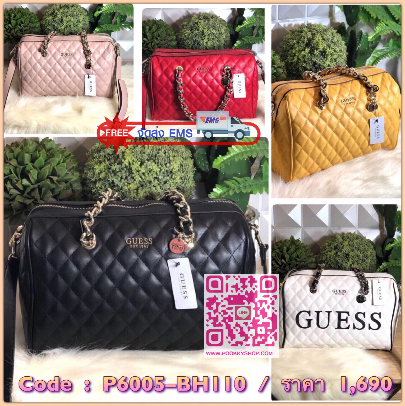 GUESS Sweet Candy Large Satchel กระเป๋าสะพายทรง Bowling รุ่นใหม่ล่าสุดจาก GUESS FACTORY หนังนิ่มลายตารางสวยอยู่ทรงใบใหญ่กำลังดี ด้านหน้าประดับโลโก้หูหิ้วโซ่ร้อยหนังสะพายไหล่ได้เเข็งแรงรับน้ำหนักได้เยอะ เปิดปิดด้วยซิปสะดวกใช้ มีหมุดรองฐานกันรอย ภายในมีช่อง