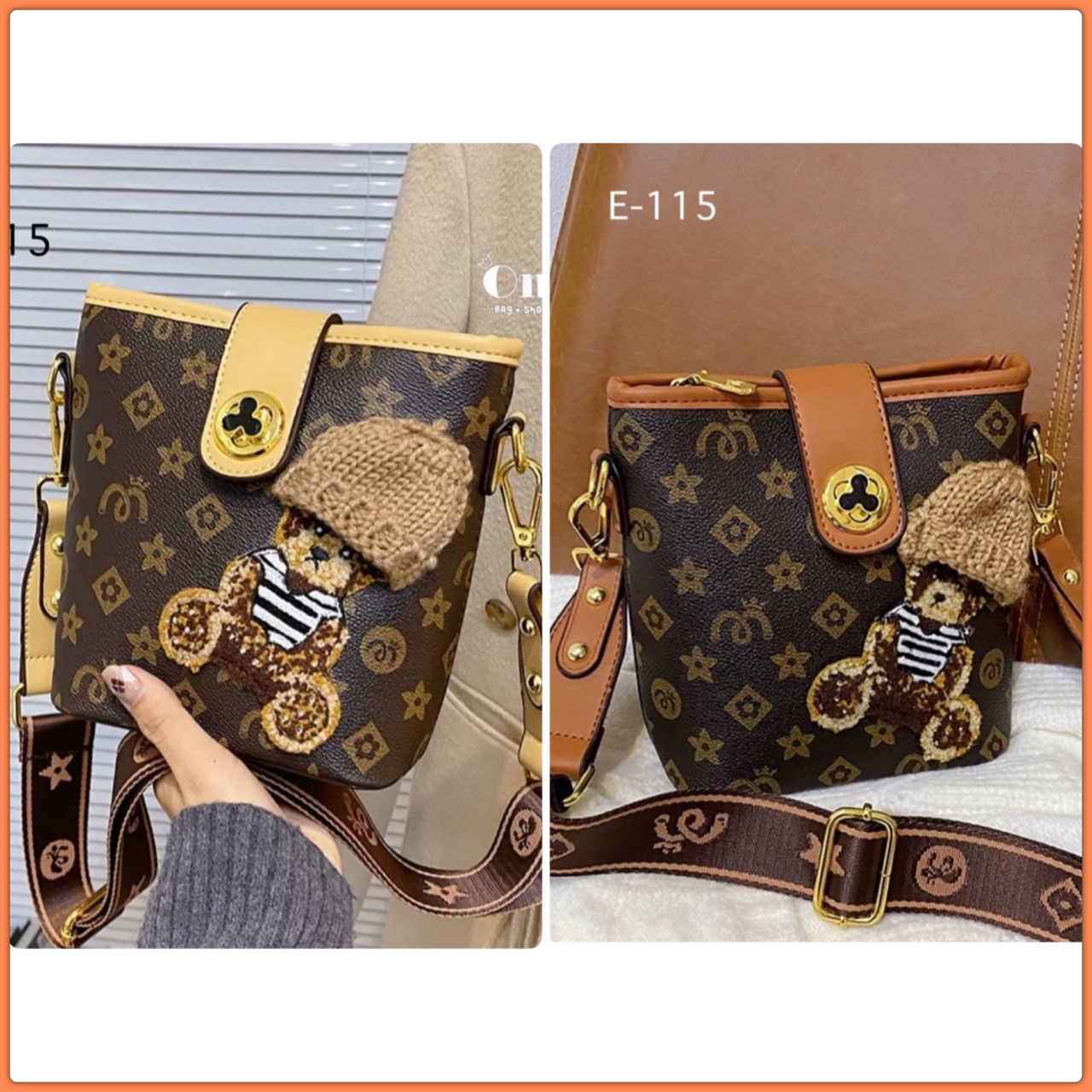 กระเป๋าสะพายแฟชั่นทรง tote งานสไตล์แบรนด์ หนังลายโมโนแกรม หน้าแต่งน้องหมีใส่หมวกน่ารักมากค่ะ ขนาดกำลังดีใช้งานง่าย มาพร้อมสายสะพายยาว